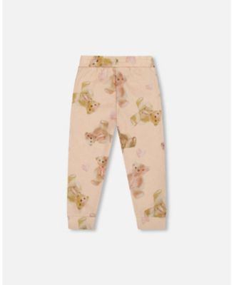 Girl Glittering French Terry Sweatpants Beige Teddy Bear Print - Toddler|Child