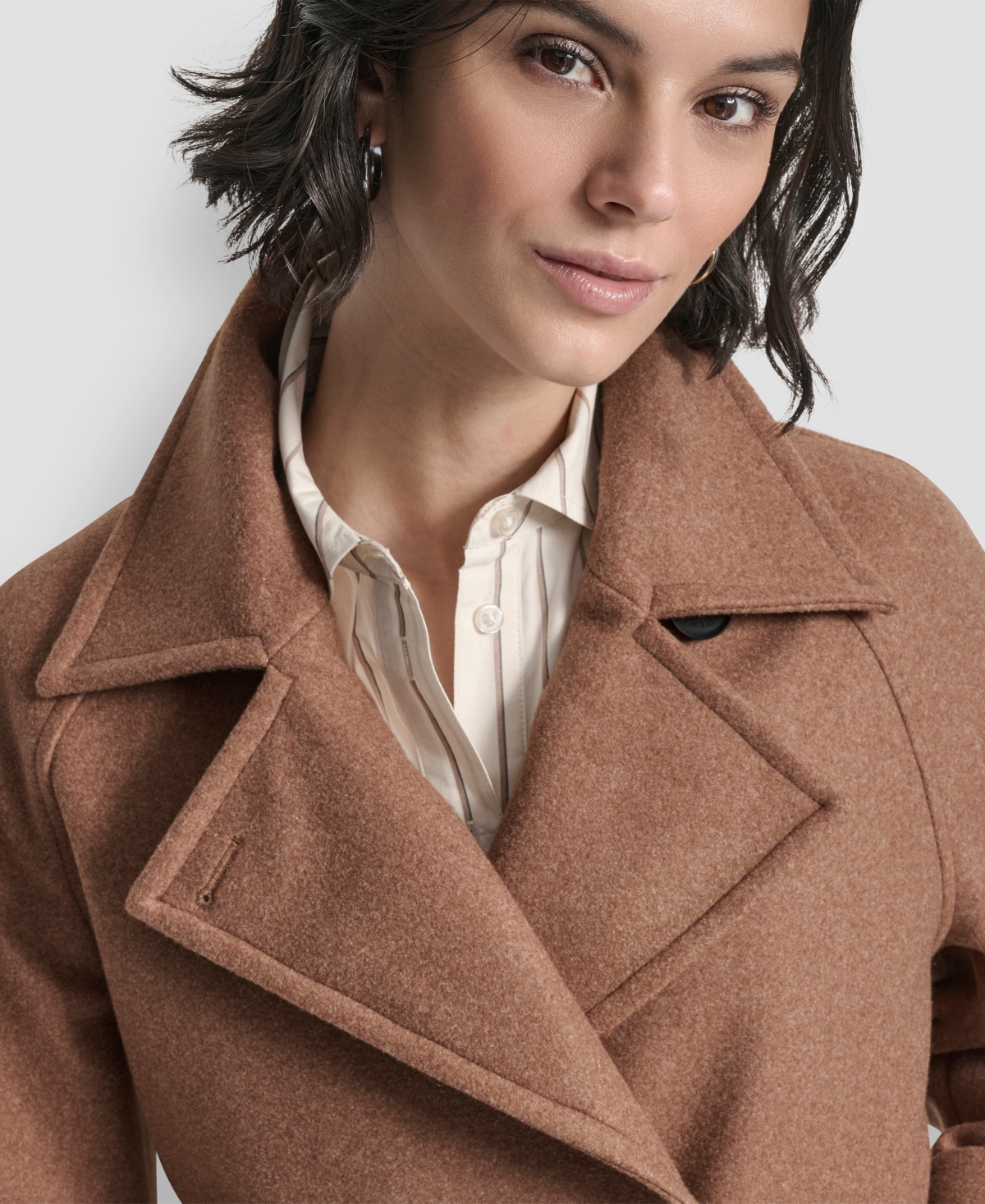 Dkny Petite Short Double Breasted Collared Coat In Brown