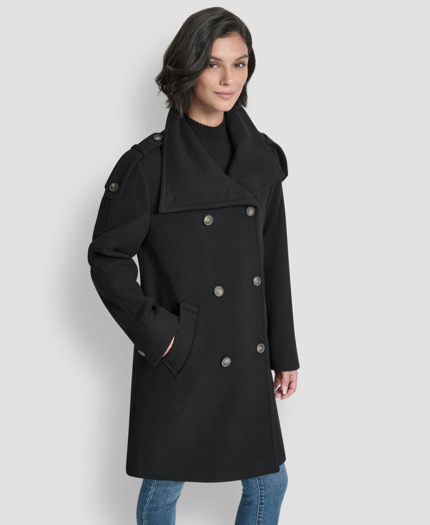 Женское пальто DKNY Double-Breasted Funnel Neck Military, цвет: Чёрный — фото 3