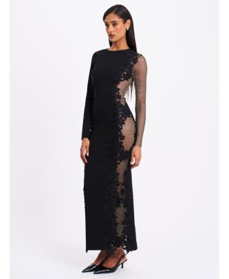 Women's Bailey Lace Trim Crystal Net Cutout Long Sleeve Gown