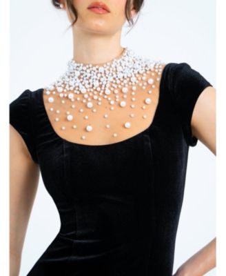 Women Rachael Black Velvet Pearl Embellished Gown