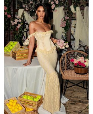 Women's Ersilia Pale Yellow Satin Lace Peplum Corset Off Shoulder Maxi Dress