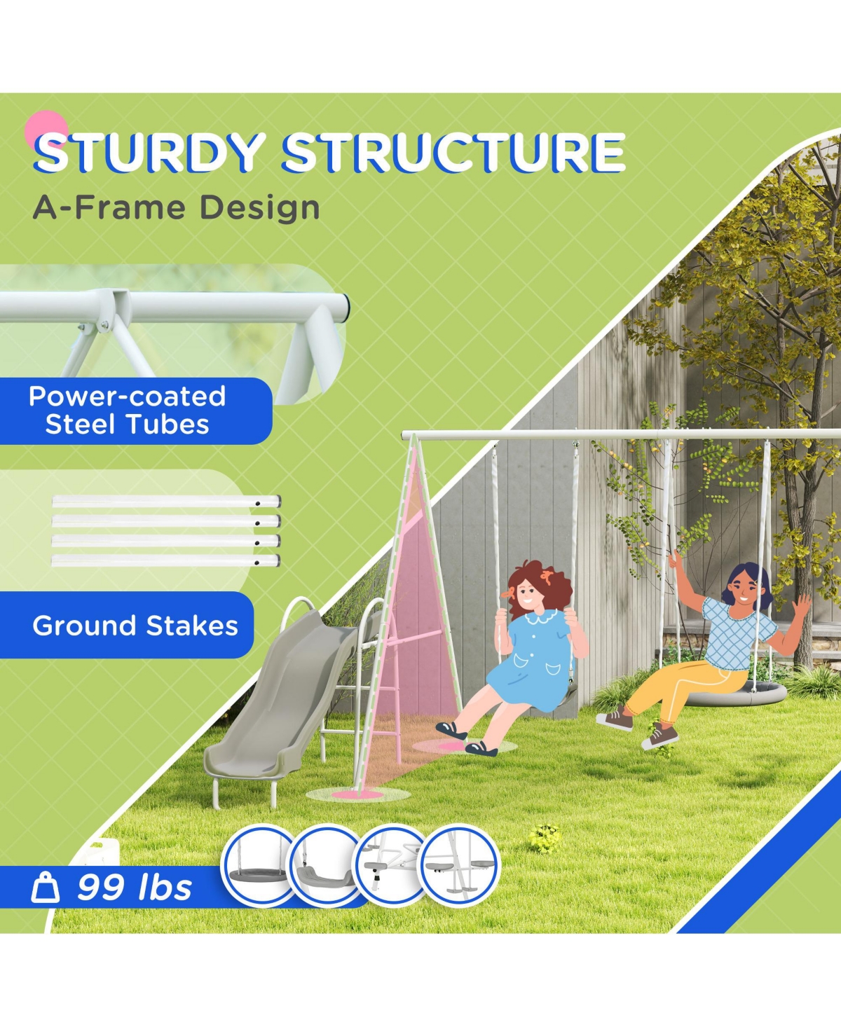 Outsunny 4-in-1 Kids Metal Swing Set for Backyard