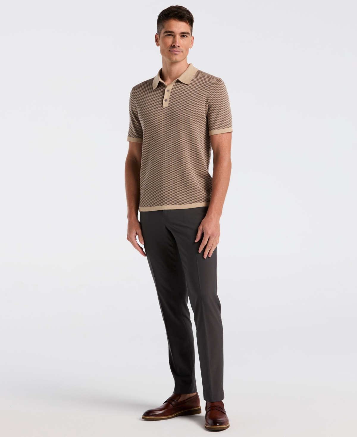 Perry Ellis Men's Tech Zip Short Sleeve Polo Sweater In Brown