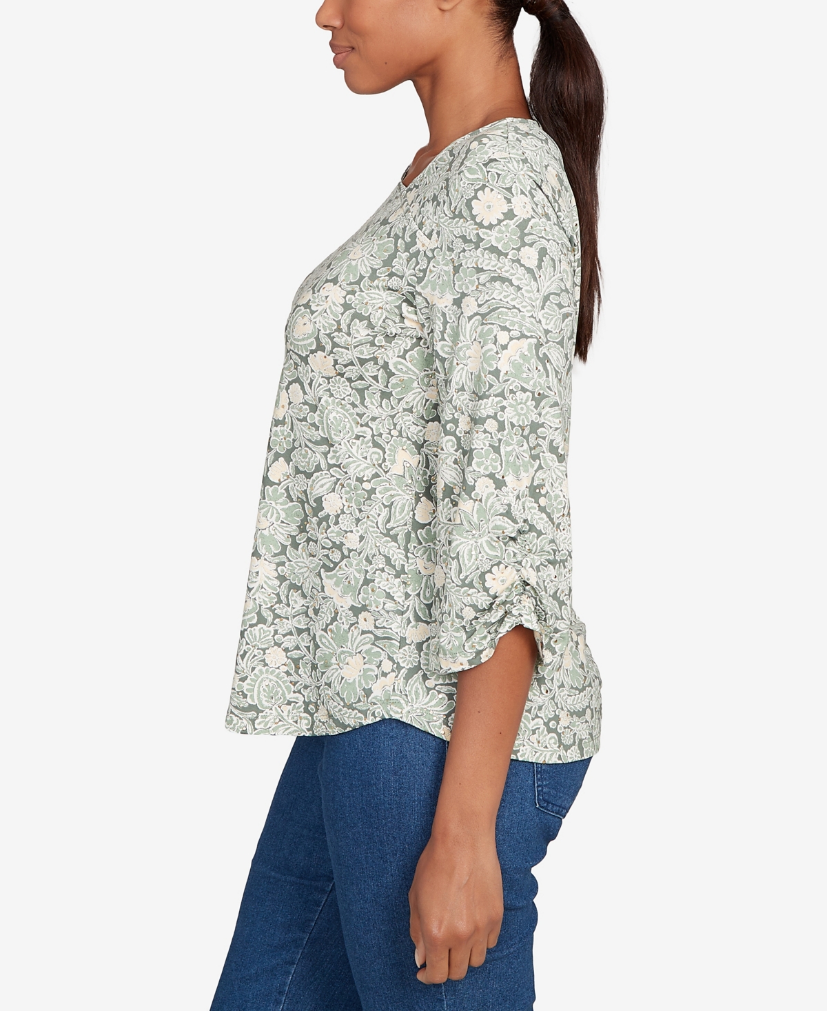 Ruby Rd. Petite Floral Dew Drop Ruched Sleeves Top In Gray