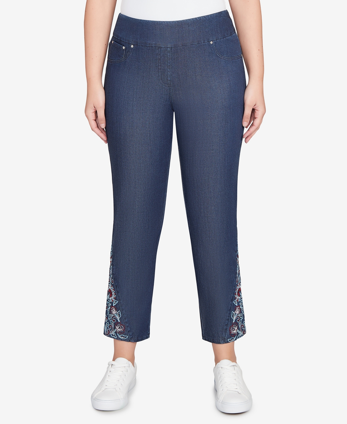 Ruby Rd. Petite Stretch Denim Embroidered Ankle Jeans In Blue