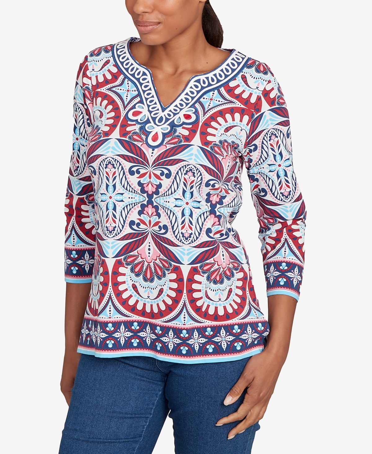 Ruby Rd. Petite Embellished Geo Border Knit Top In Blue