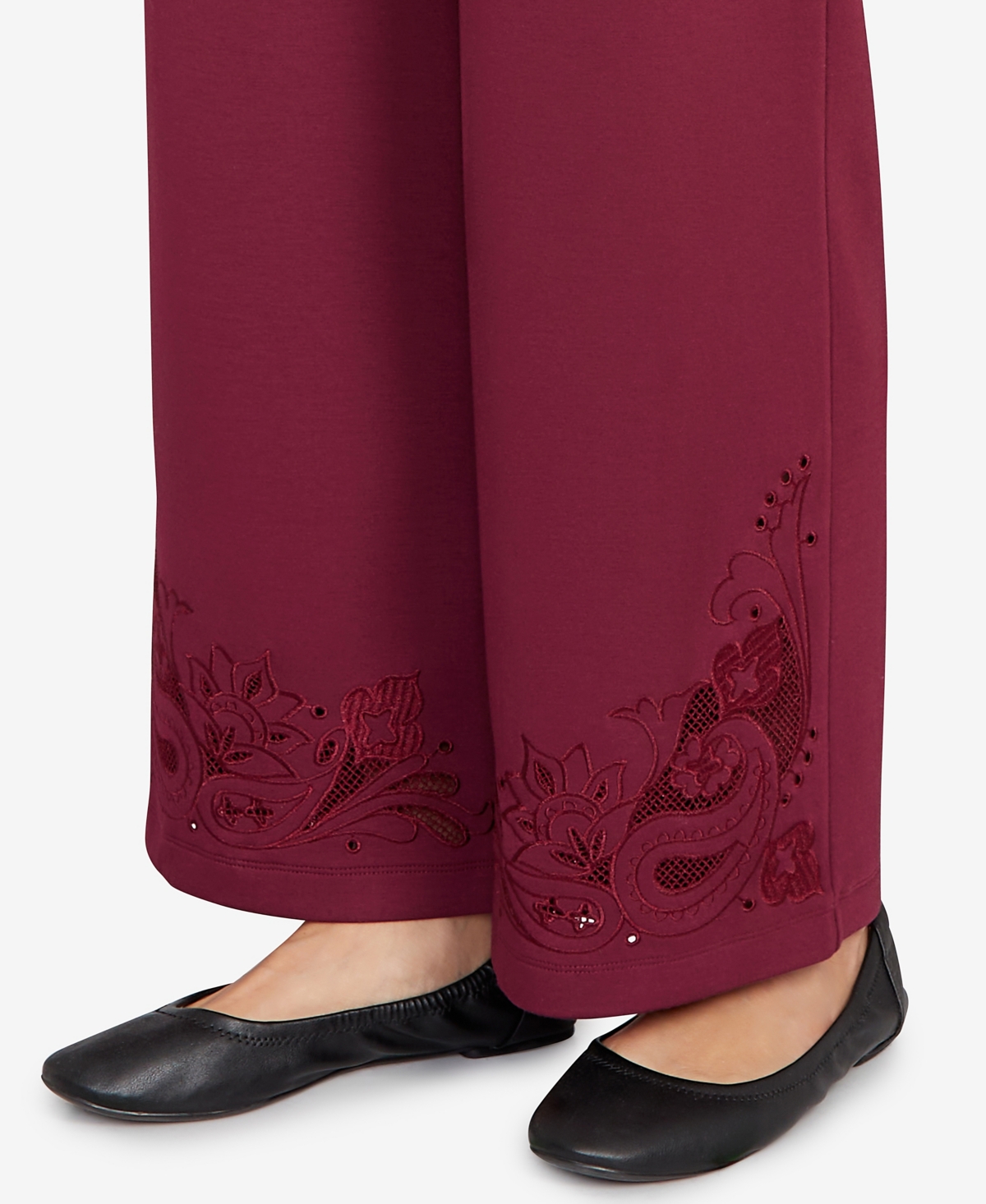 Ruby Rd. Petite Wide Leg Floral Cutout Pants In Red