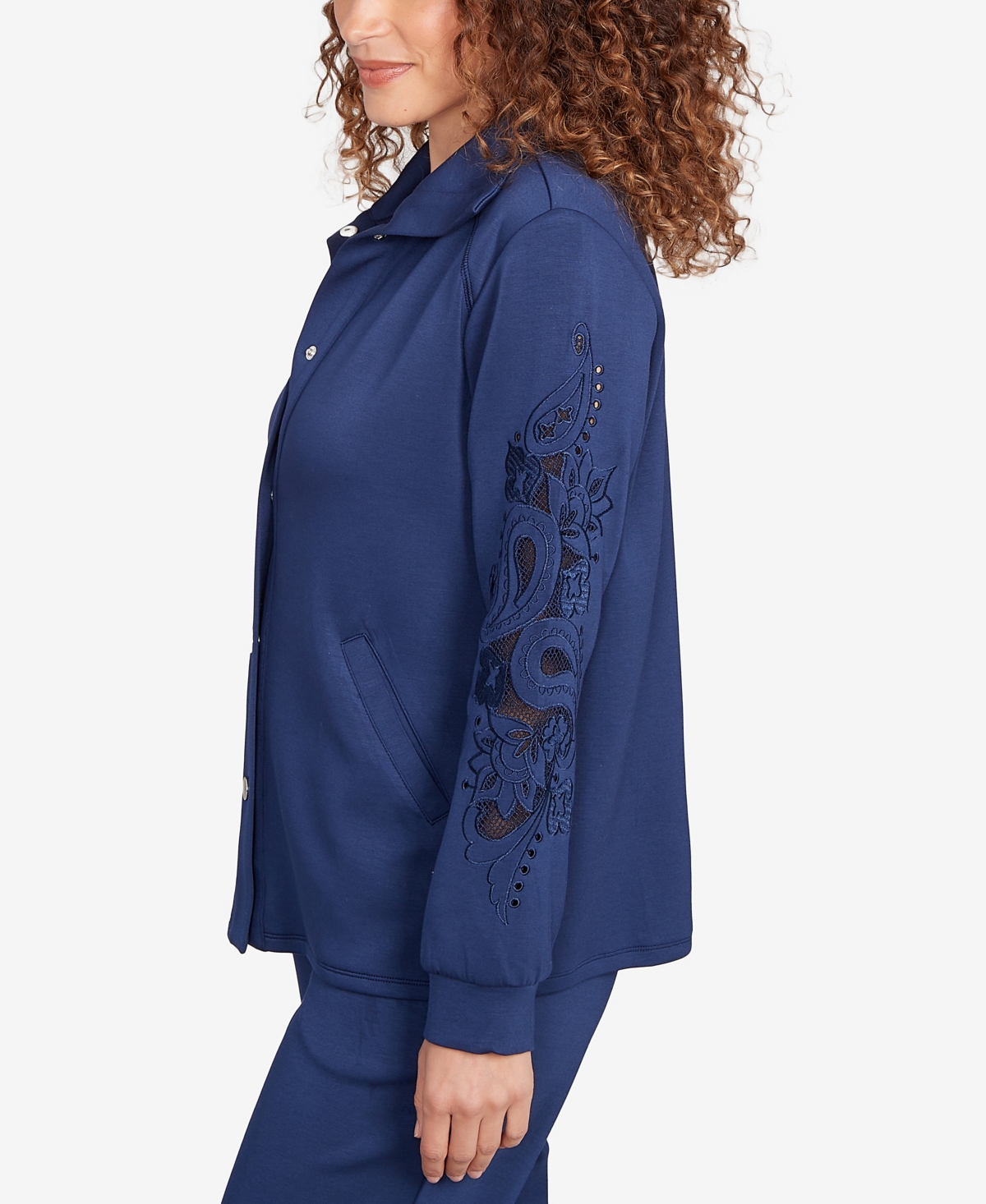 Ruby Rd. Petite Embroidered Floral Cutout Snap Jacket In Blue