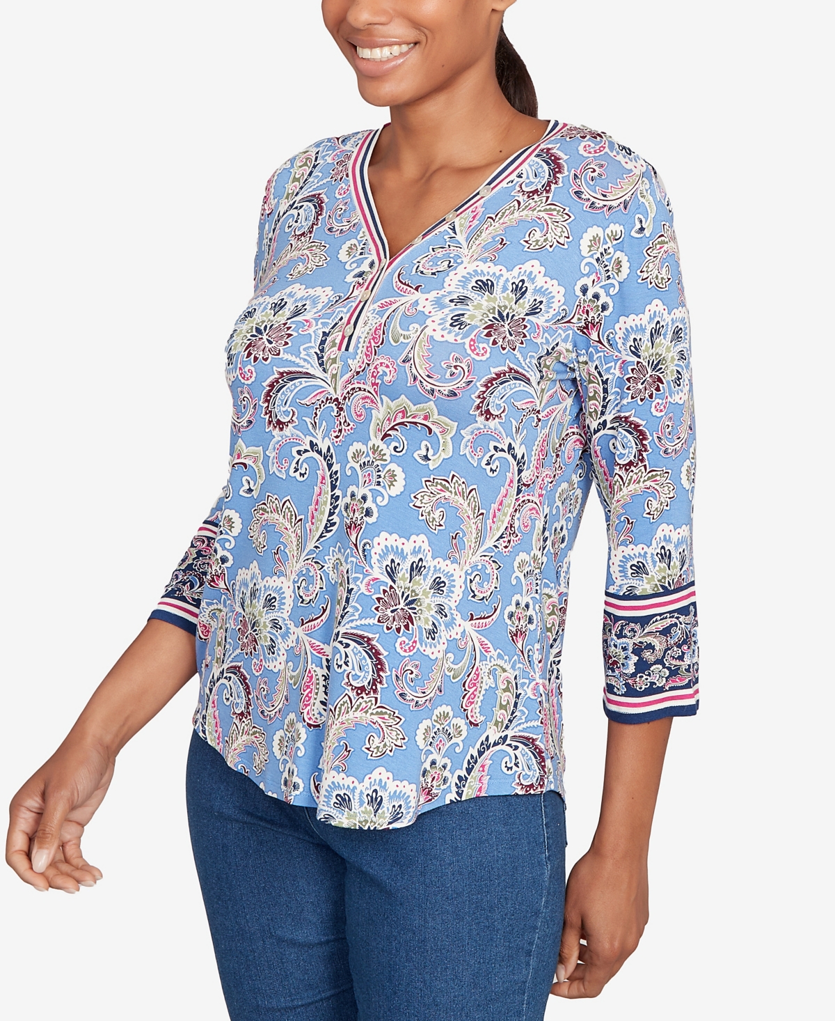 Ruby Rd. Petite Stripe Trim Paisley Henley Top