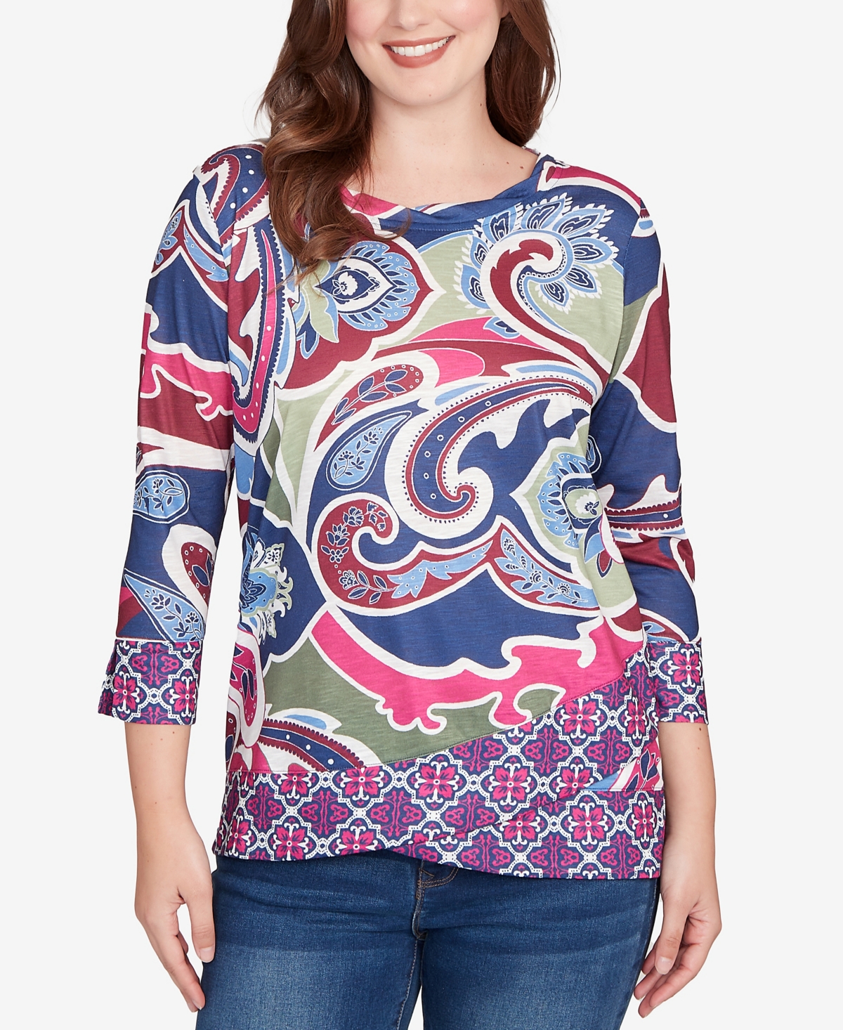Ruby Rd. Petite Geo Paisley Border Top In Multi