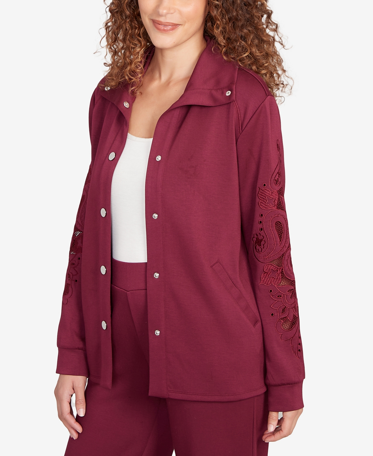 Ruby Rd. Petite Embroidered Floral Cutout Snap Jacket In Red