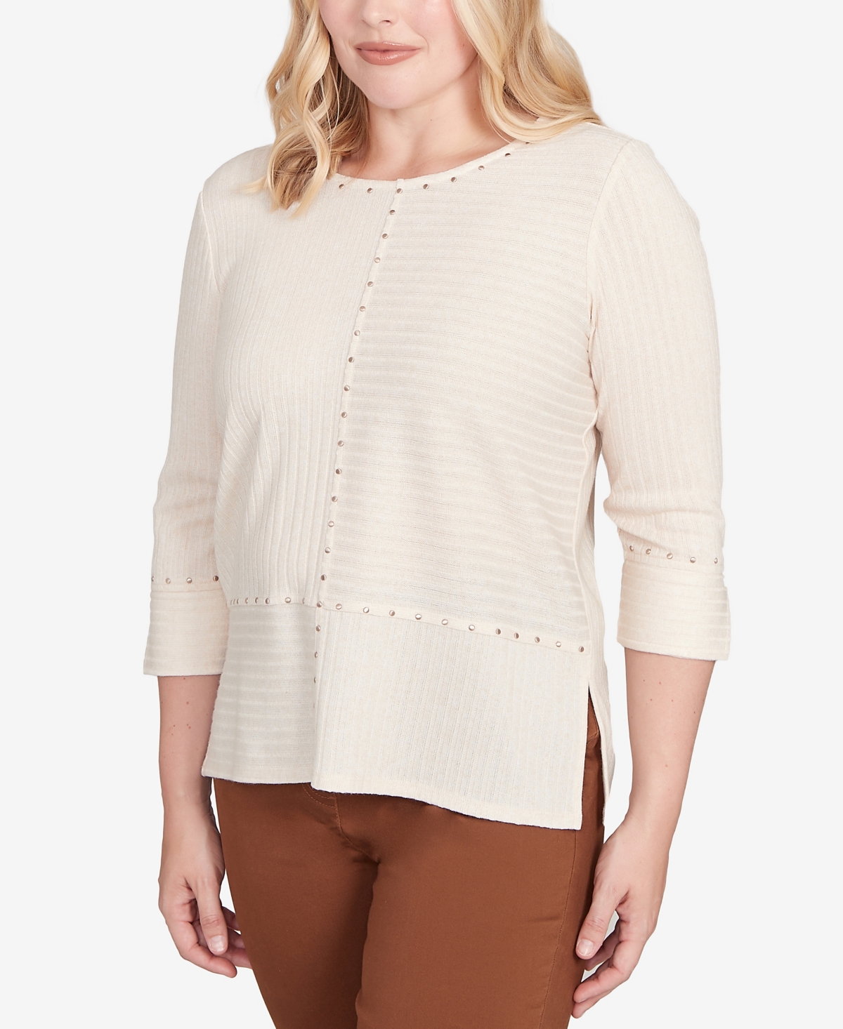 Alfred Dunner Petite Mount Laurel Heat Set Embellished Solid Top In Brown