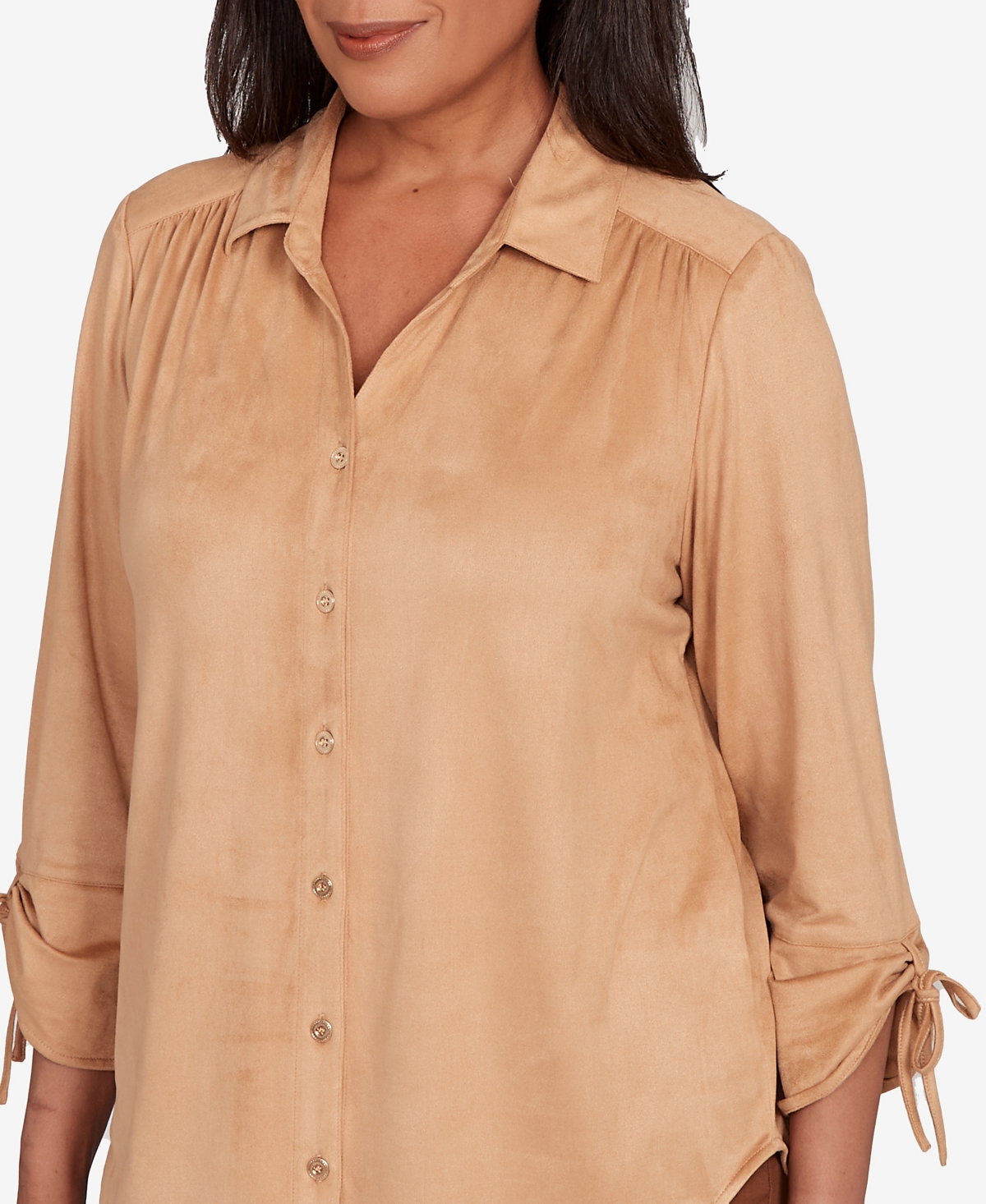 Alfred Dunner Petite Mount Laurel Button Front Faux Suede Top In Brown