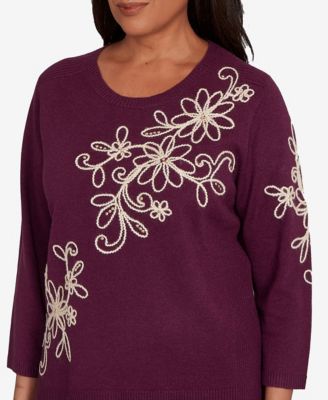 Petite Urban Legend Diagonal Floral Embroidered Sweater