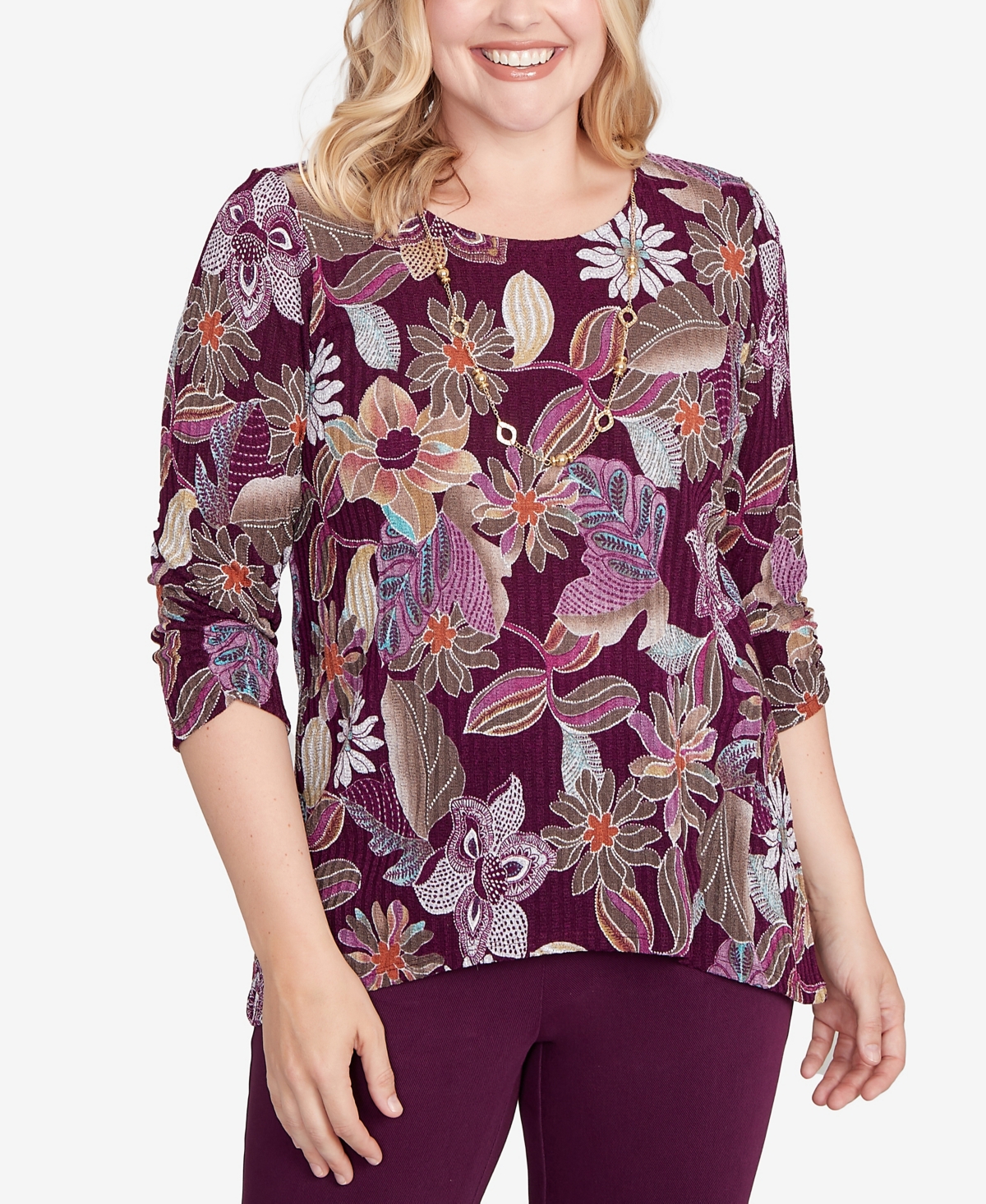 Alfred Dunner Petite Urban Legend Batik Floral Melange Printed Top In Purple