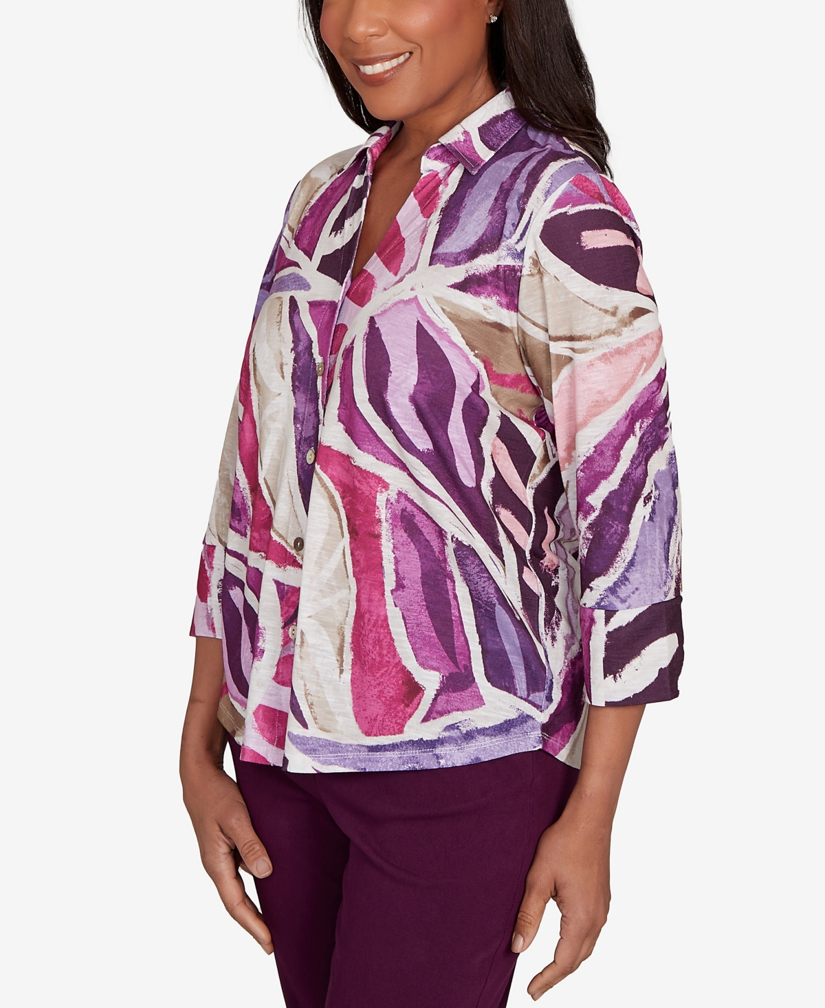 Alfred Dunner Petite Urban Legend Abstract Floral Button Front Top In Multi