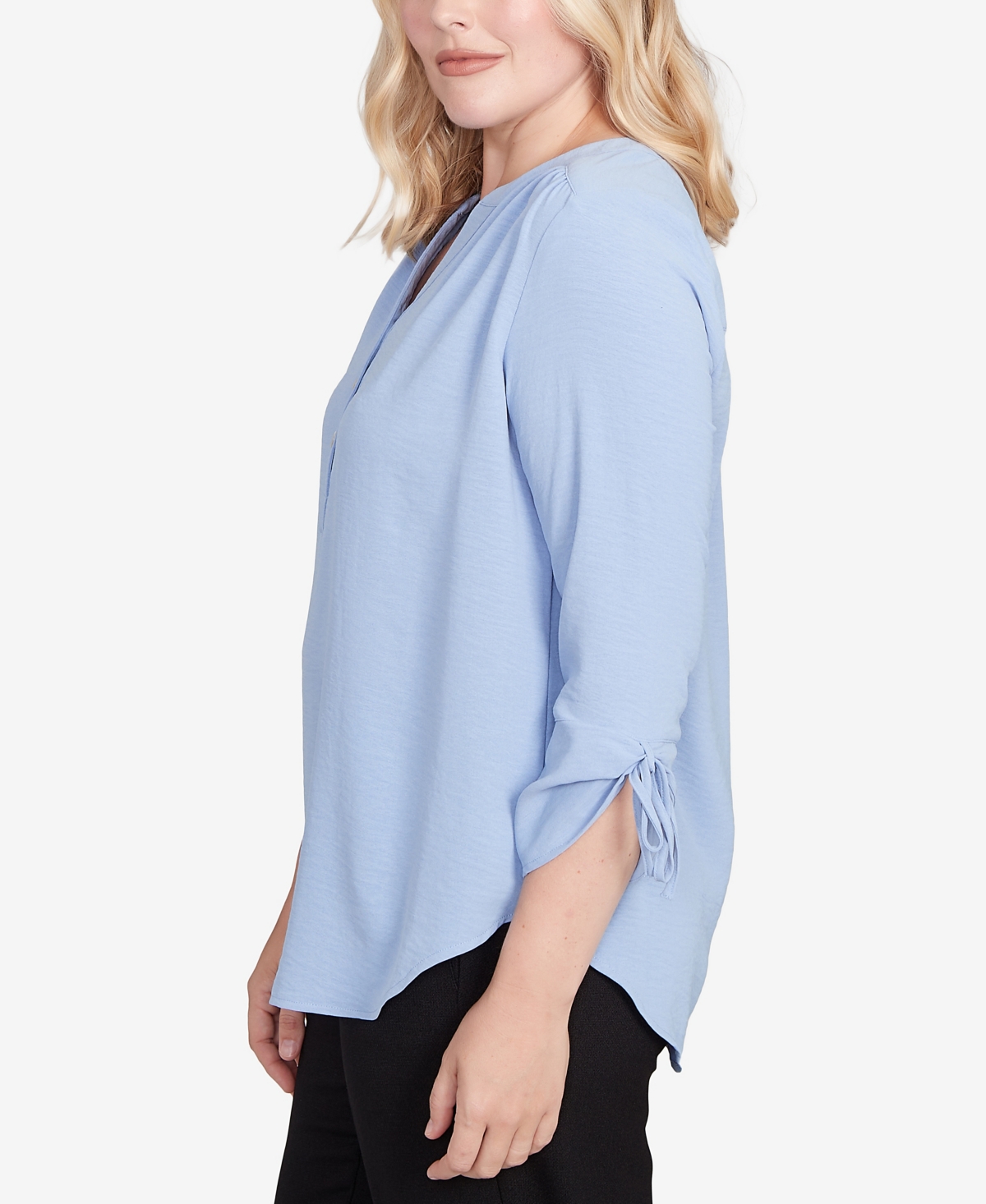 Alfred Dunner Petite Tie Sleeve Crinkle Textured Henley Top In Blue