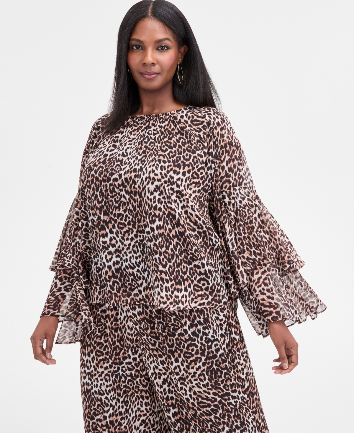 I.n.c. International Concepts Plus Printed Ruffle-Sleeve Top, Macy's Exclusive