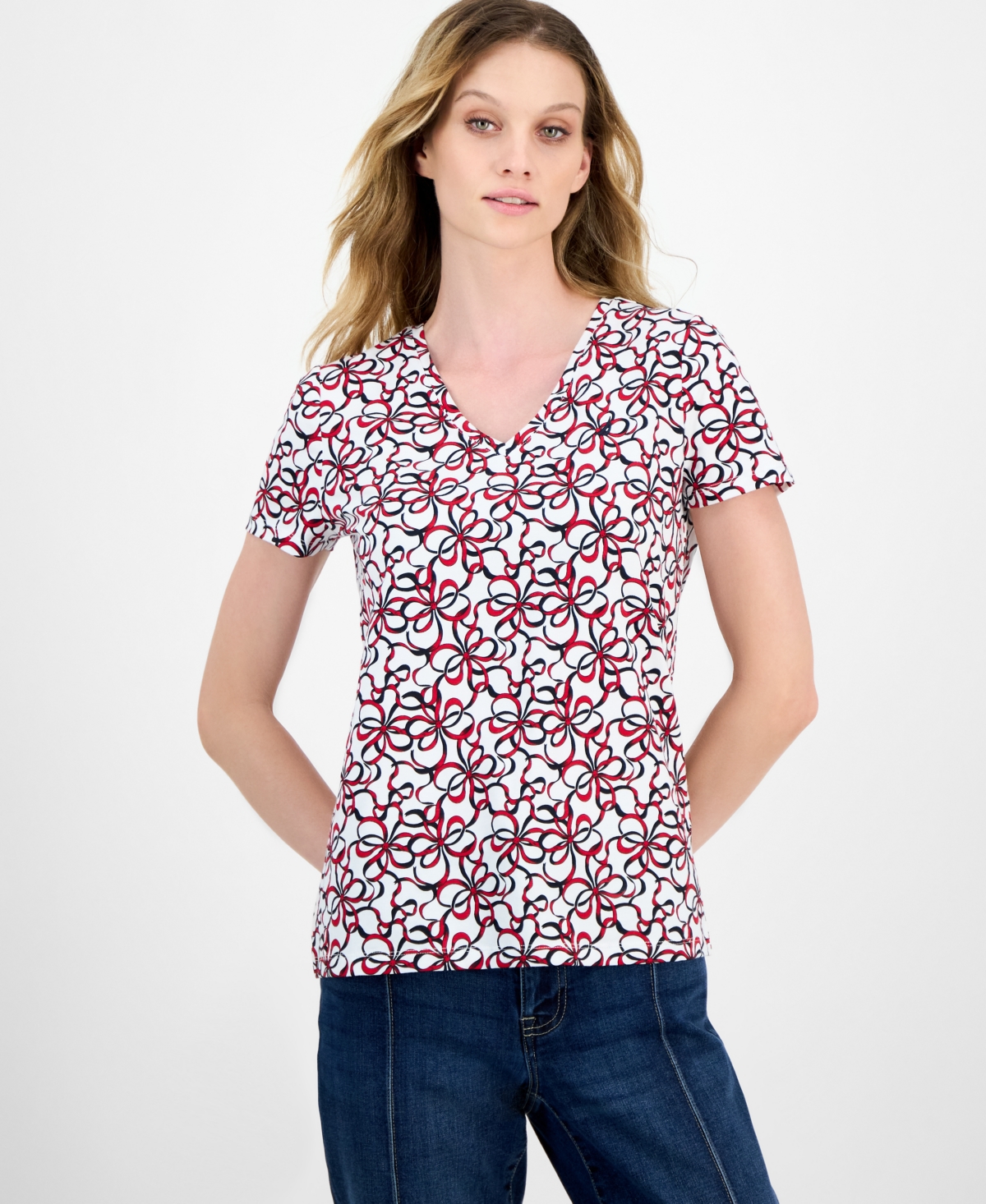 Nautica Jeans Women's Ribbon-Print V-Neck T-Shirt