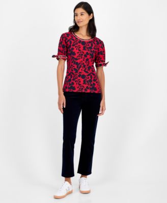 Women's Floral-Print Tie-Cuff T-Shirt
