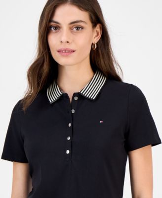 Women's Metallic Striped-Collar Polo Shirt