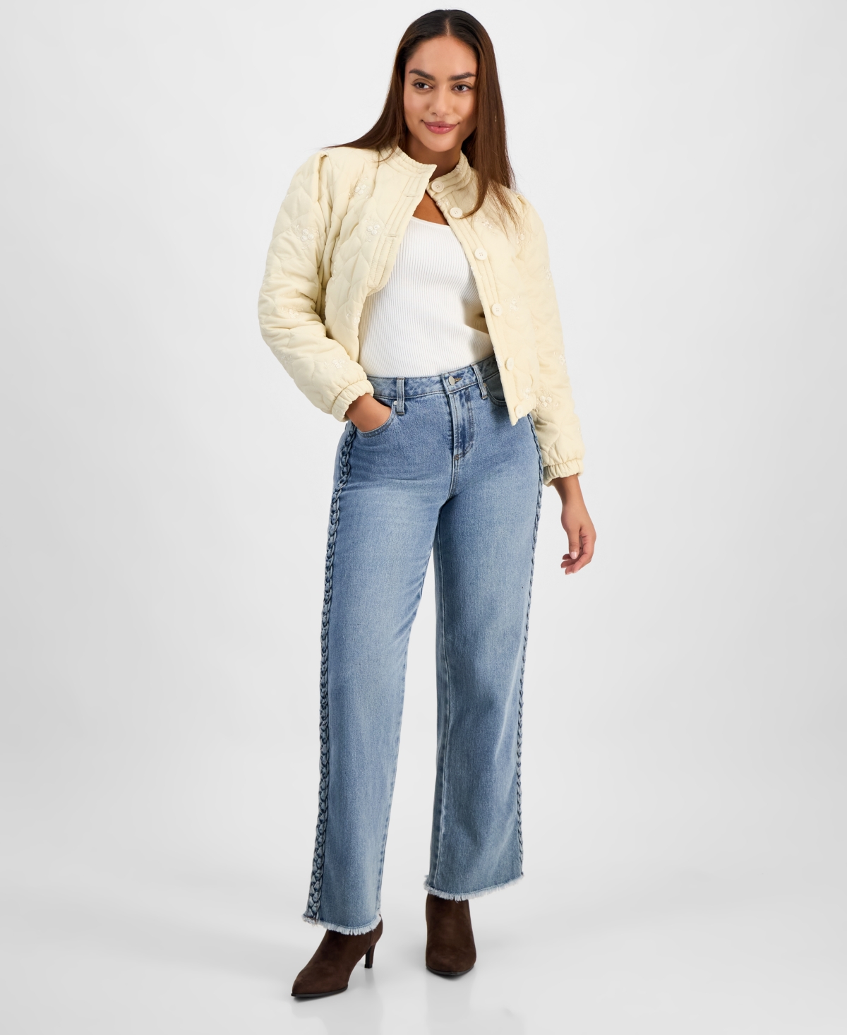 And Now This Petite Embroidered Quilted Puffer Jacket, Macy's Exclusive In White