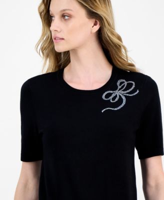 Women's Rhinestone-Bow Short-Sleeve Sweater