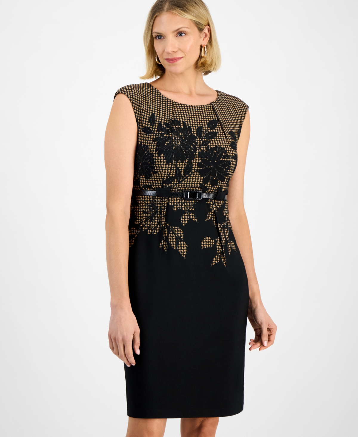 Connected Women's Ottoman Round-Neck Cut-Out Belted Dress