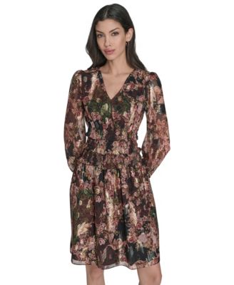 Women's V-Neck Metallic-Chiffon Balloon-Sleeve Dress