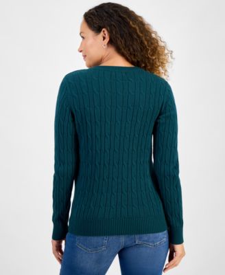Petite Cotton Cable-Knit V-Neck Sweater