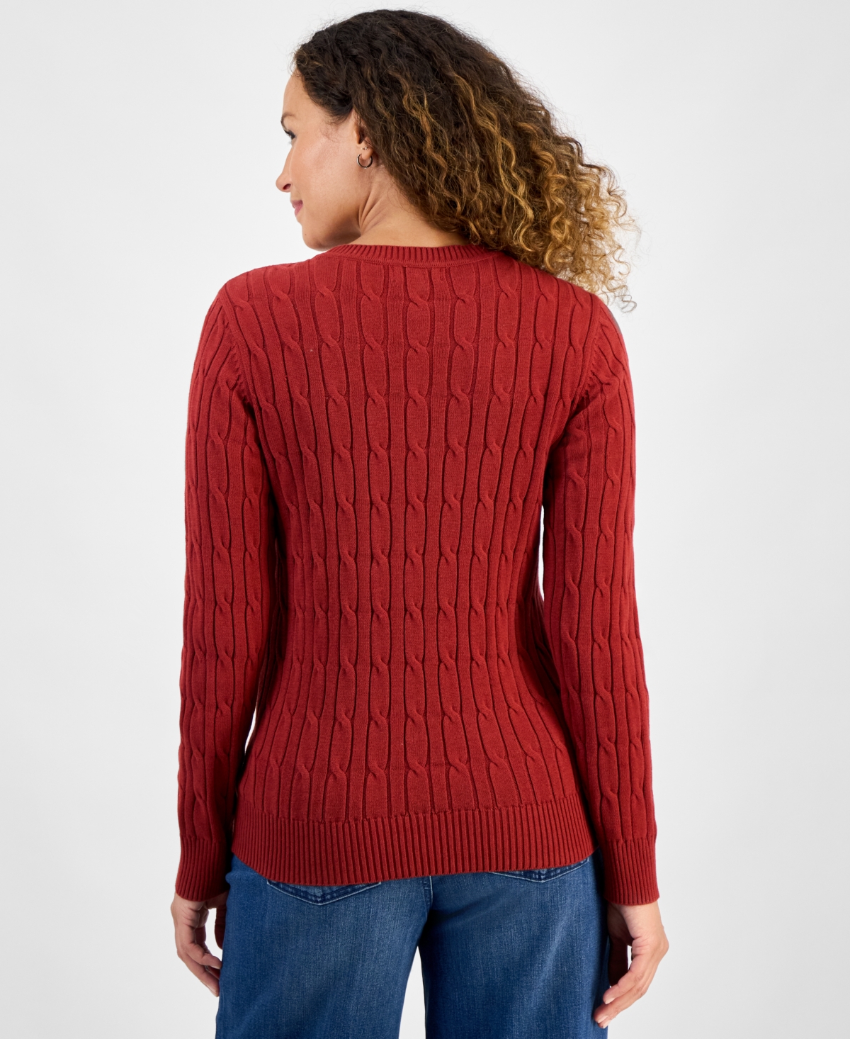 Style & Co Petite Cotton Cable-knit Crewneck Sweater, Created For Macy's In Brown
