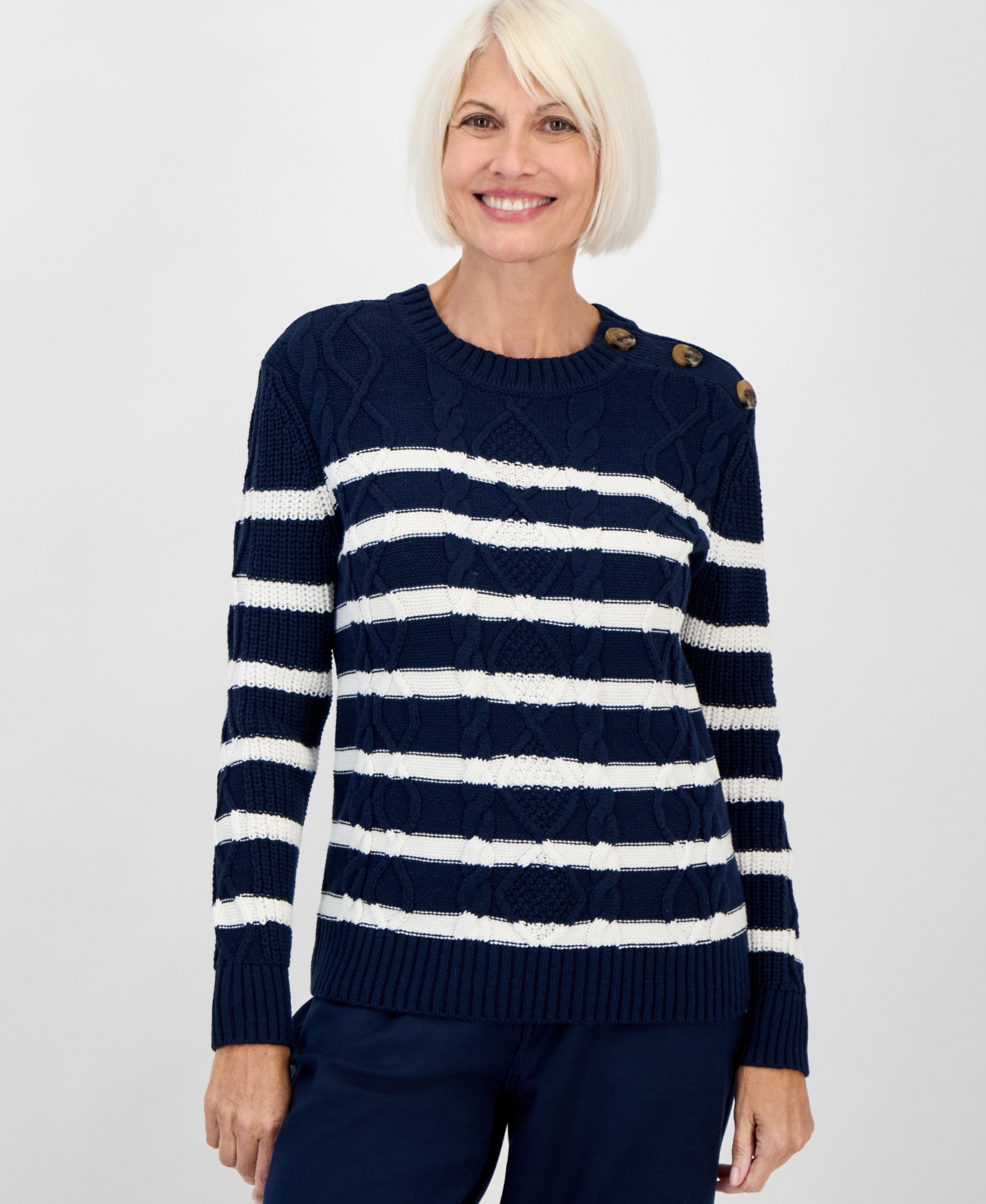 Style & Co Petite Striped Cable-knit Button-trim Sweater, Created For Macy's In Blue