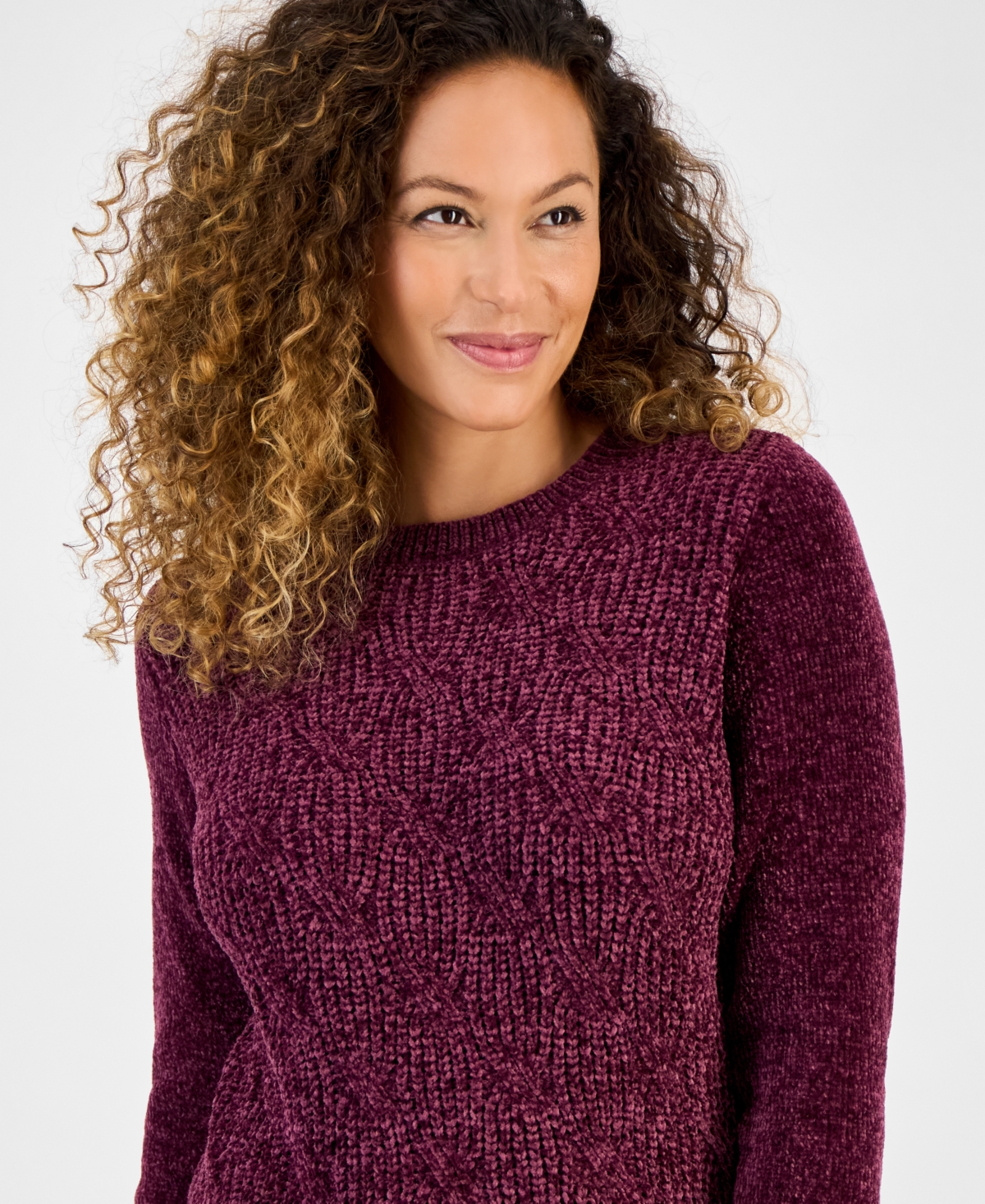 Style & Co Petite Chenille Cable Knit Sweater, Macy's Exclusive In Burgundy