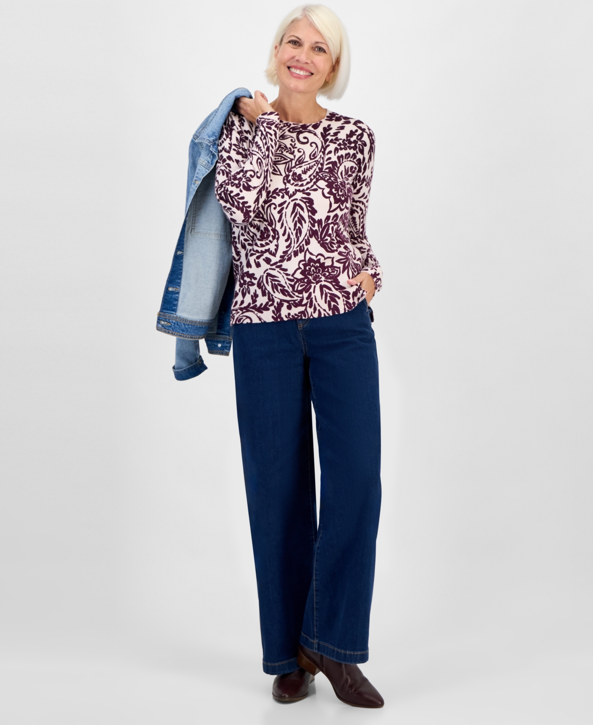 Style & Co Petite Paisley-print Long-sleeve Sweater, Macy's Exclusive In Multi