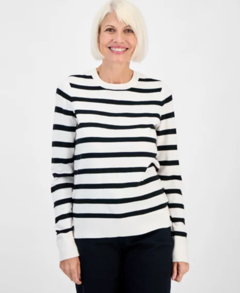 Petite Striped Relaxed Sweater - Decade Stp Whte