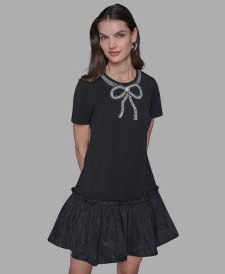 KARL LAGERFELD PARIS - Women's Embellished Flounce-Hem Shift Dress