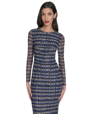 Women's Printed-Mesh Long-Sleeve Bodycon Dress