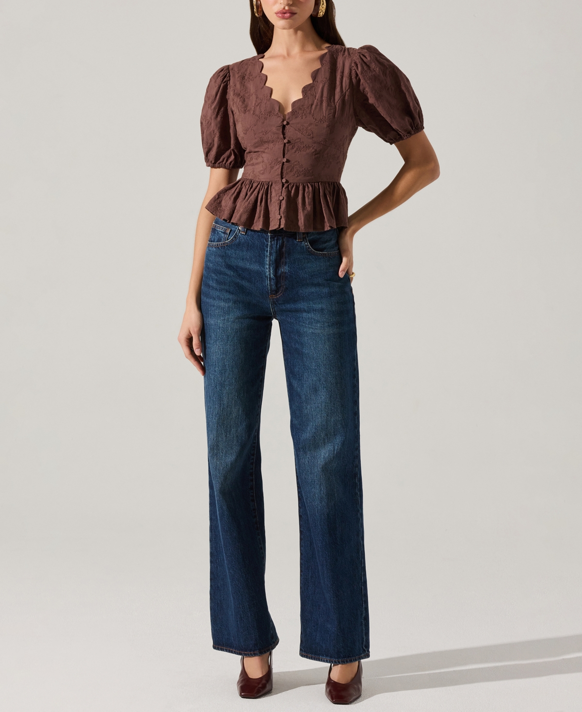 Astr The Label Arely Embroidered Cotton Button-up Top In Brown