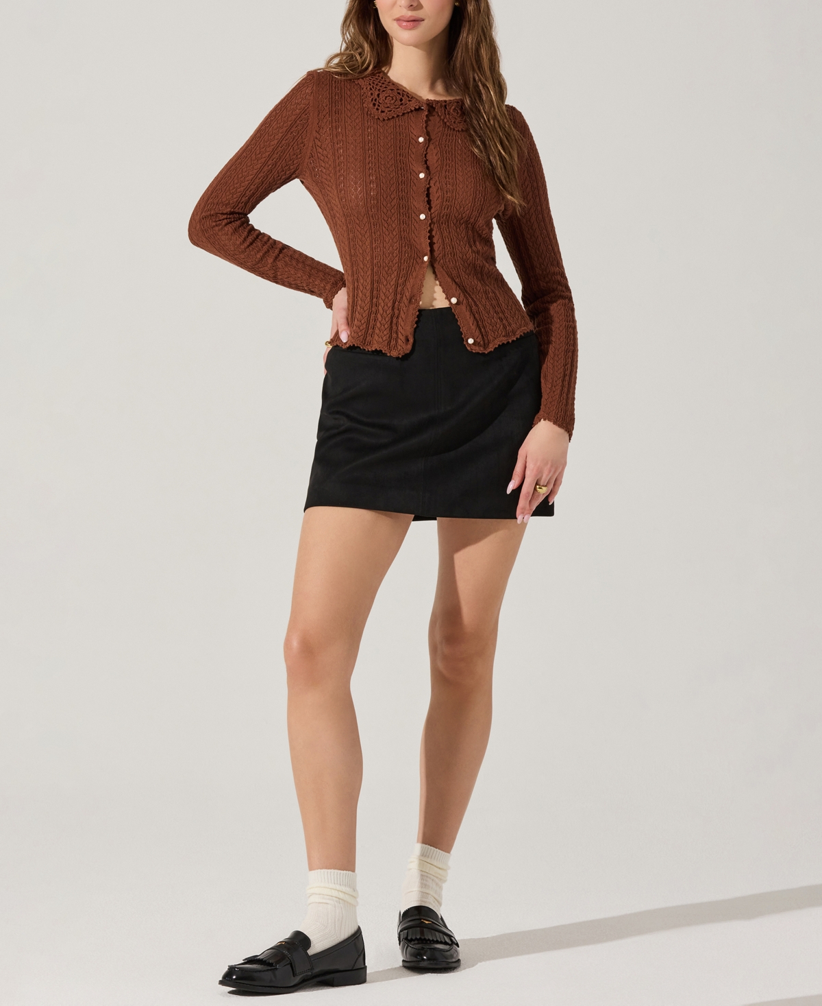Astr The Label Ottilie Pointelle Stitch Cotton Cardigan In Brown