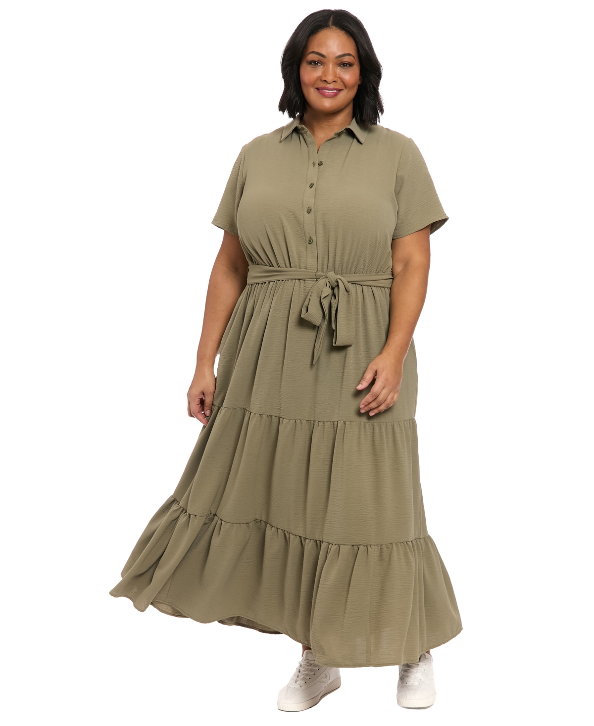 London Times Plus Size Short Sleeve Tiered Maxi Dress In Green