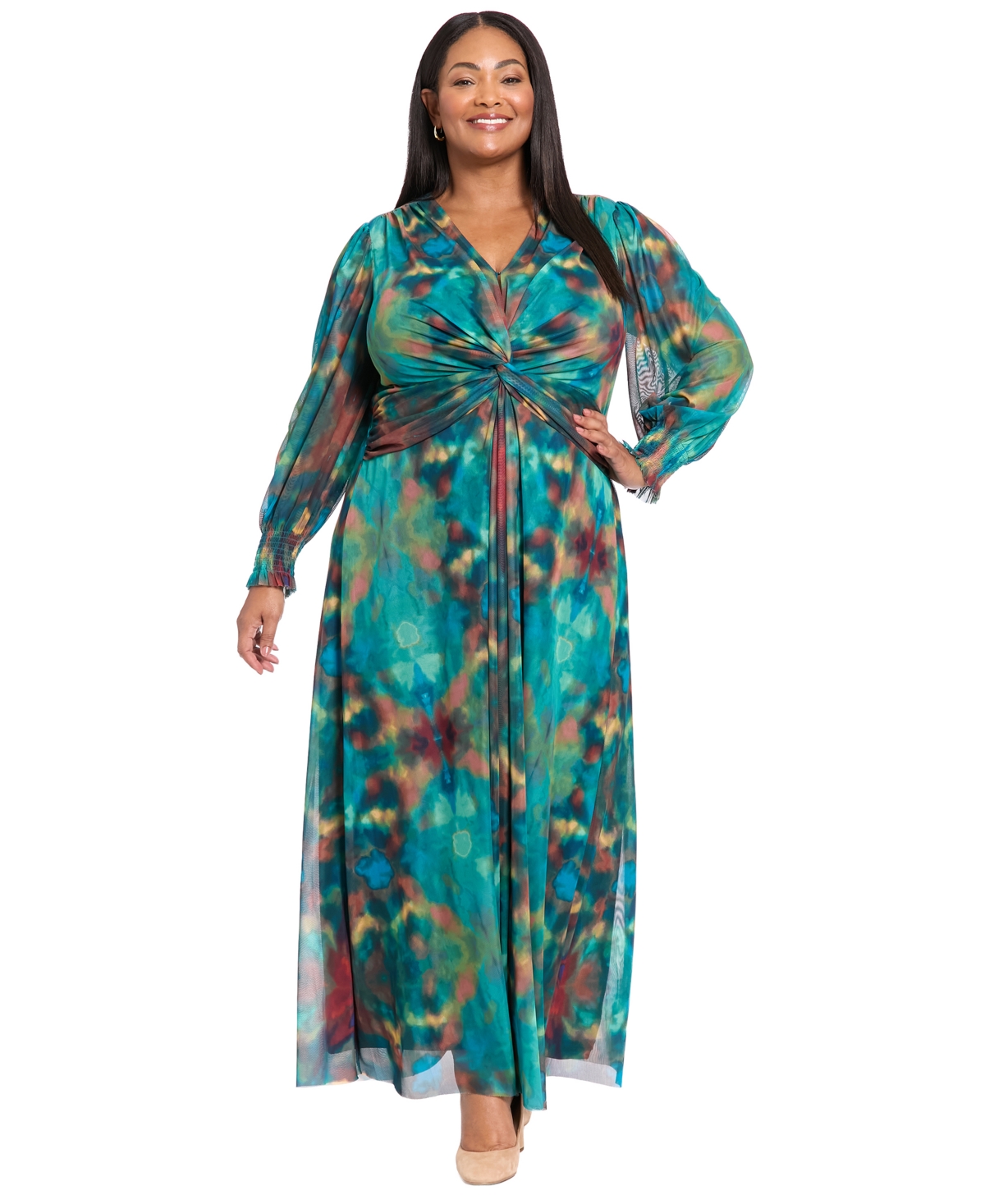 London Times Plus Size Mesh Twist Front Long Sleeve Maxi Dress In Green