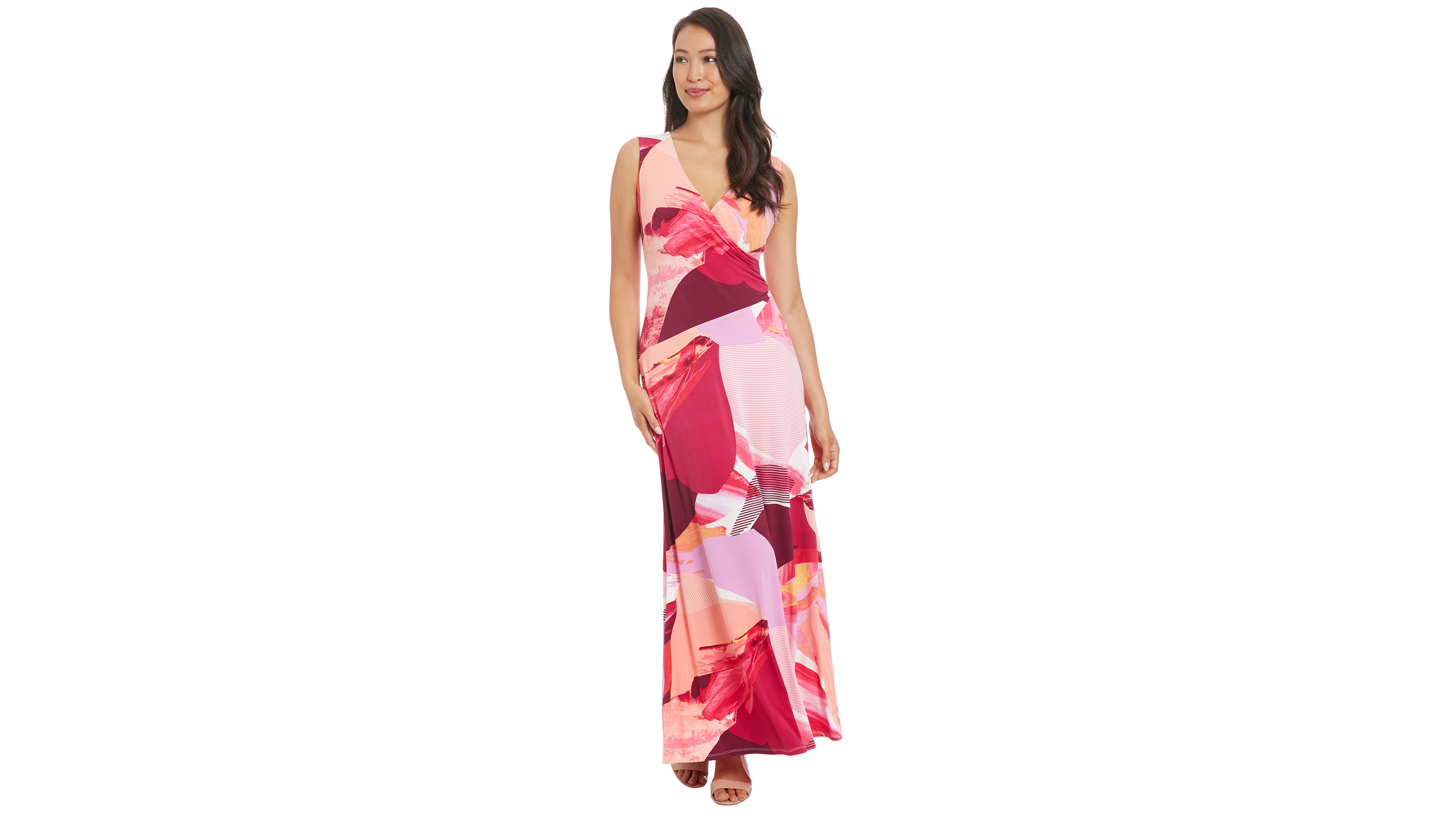 London Times Petite Surplice-Neck Sleeveless Maxi Dress