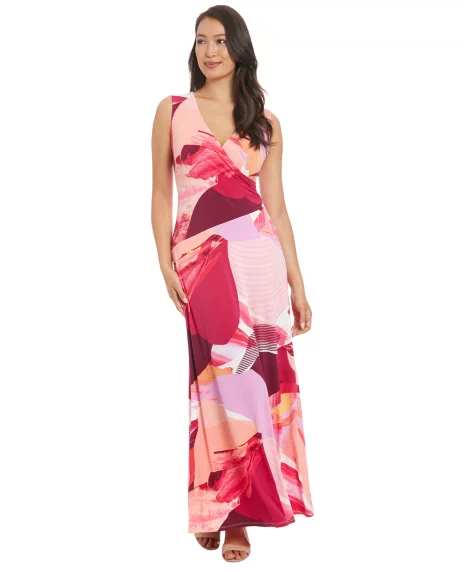 Petite Surplice-Neck Sleeveless Maxi Dress - White Fuchsia