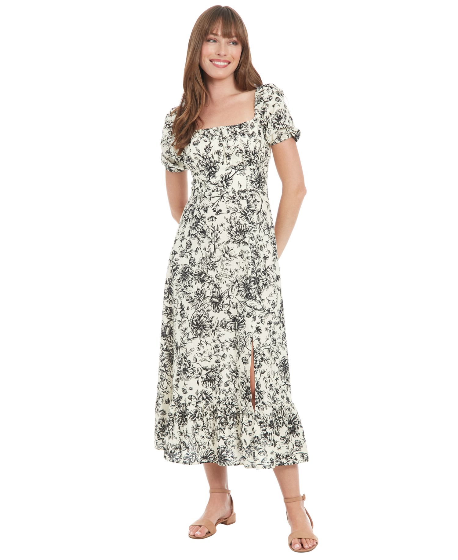 Petite Floral-Print Puff-Sleeve Midi Dress