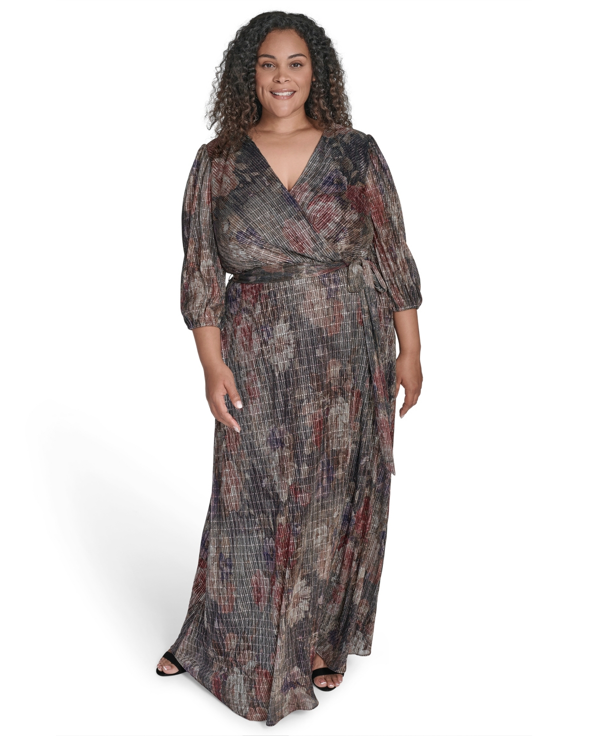 Jessica Howard Plus Size Women's Side Tuck 3/4-sleeve Gown In Multi