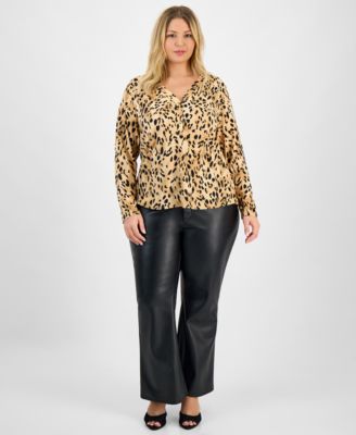 Plus Size Printed Long-Sleeve Button-Neck Top, Macy's Exclusive
