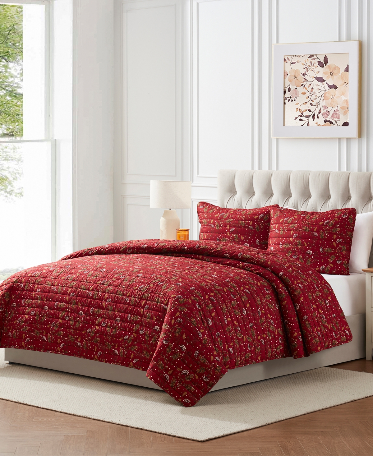 Seventh Studio Ivvy Botanical-print Pinsonic Microfiber 3-pc. Quilt Set, Full/queen In Red