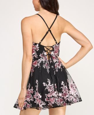 Juniors' Floral Embroidered Fit and Flare Dress