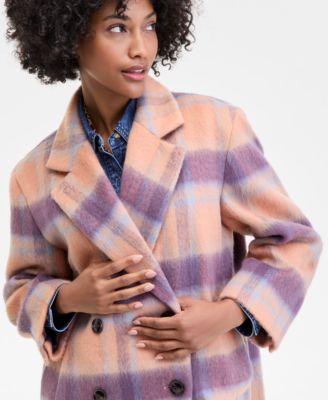 Women's Brushed Plaid Double-Breasted Coat, Macy's Exclusive